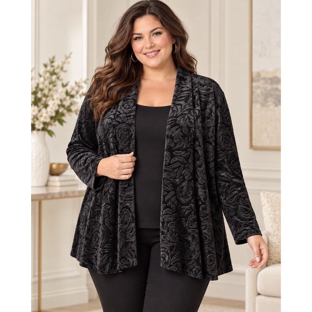 NY Collection Women 2X Black Floral Burnout Velvet Open Front Cardigan Plus Size